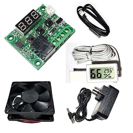 W1209 Temperature Controller, 12 Volt DC 1 Amp. Adapter, 12 Volt DC 3 Inch Exhaust Fan with Temperature and Humidity Meter (4 Quality Products)