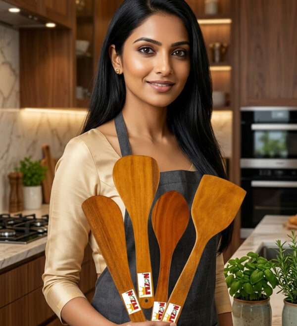 MZON Premium Wooden Kitchen Tools MZON Wooden Kitchen Utensils Set of 4 | Spatulas & Ladles | Made in India
